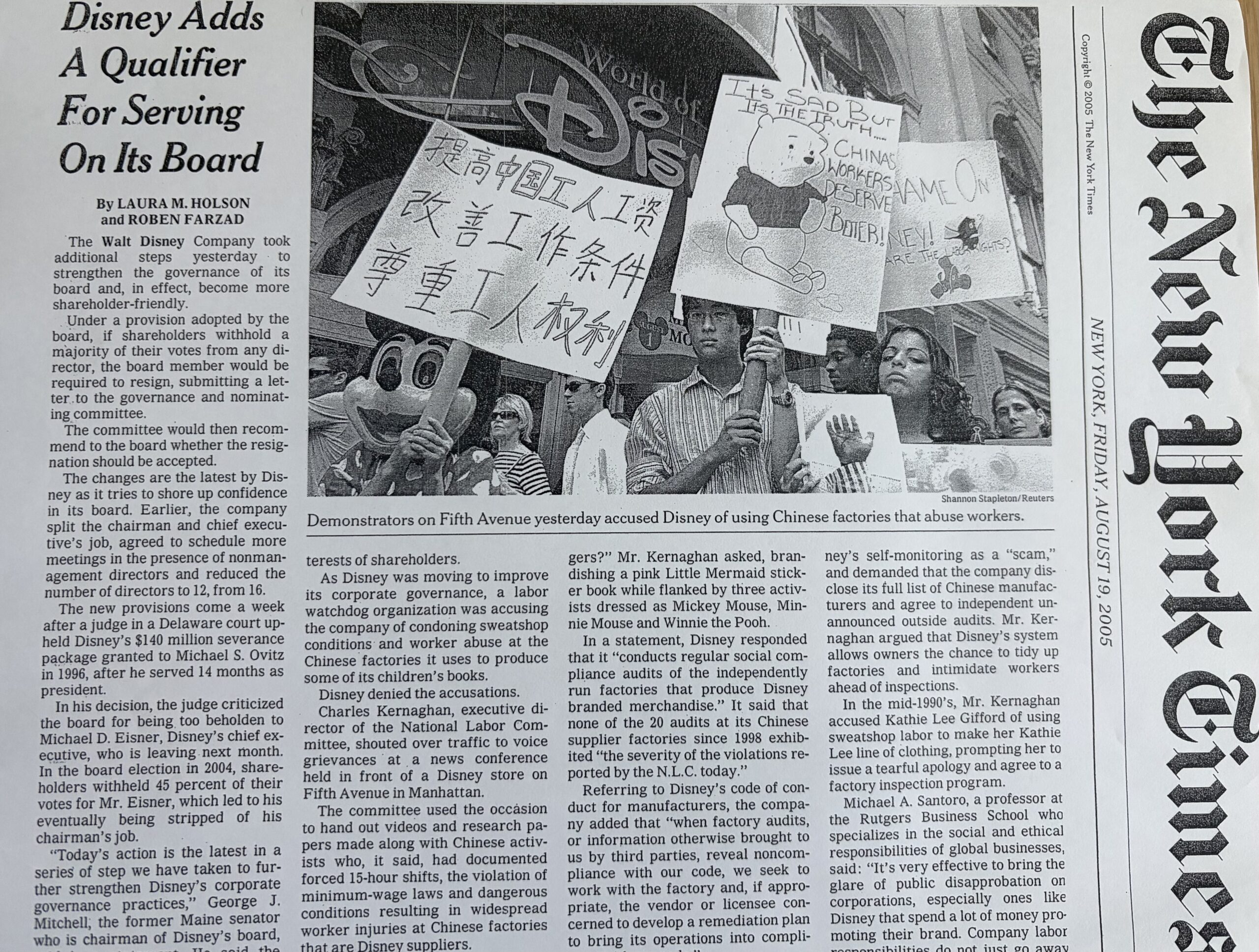 New York Times coverage related to Joy's 2005 human and labor rights advocacy